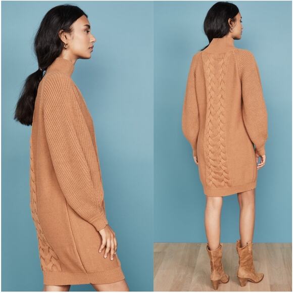 Caroline Constas Cable Knit Wool Sweater Dress Camel Tan Mock Neck Medium Cozy - Picture 1 of 13